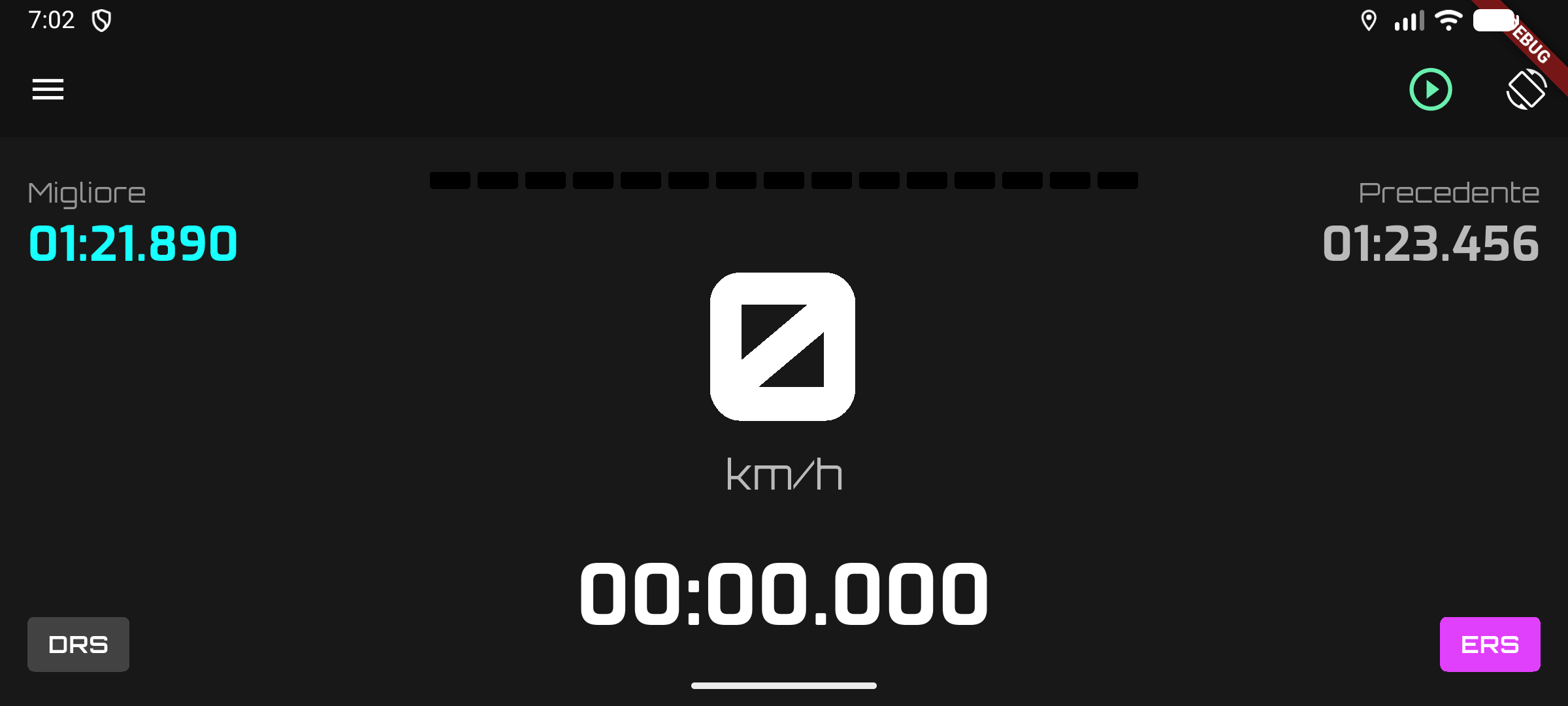 Interfaccia app mobile RACE-IT per telemetria kart sviluppata in Flutter